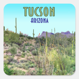 Sticker Carré Tucson Arizona Cactus et Mountain Vintage