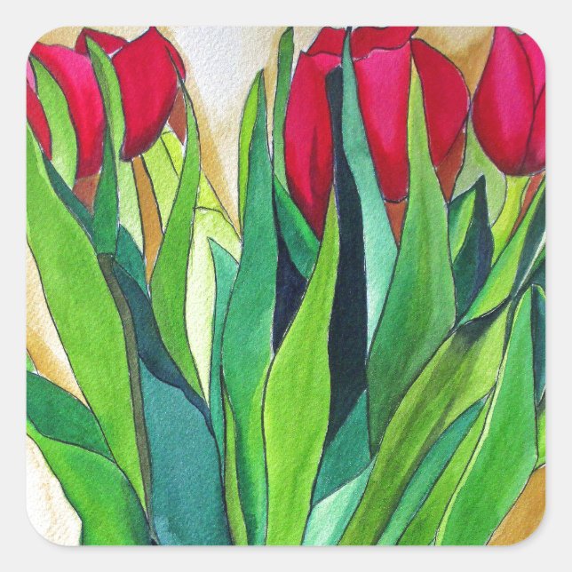 Sticker Carré tulipe rose et rouge aquarelle art (Devant)