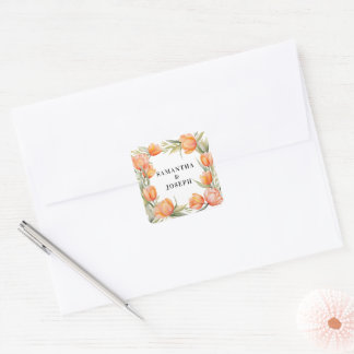 Sticker Carré Tulipes aquarelles orange bordure couple mariage
