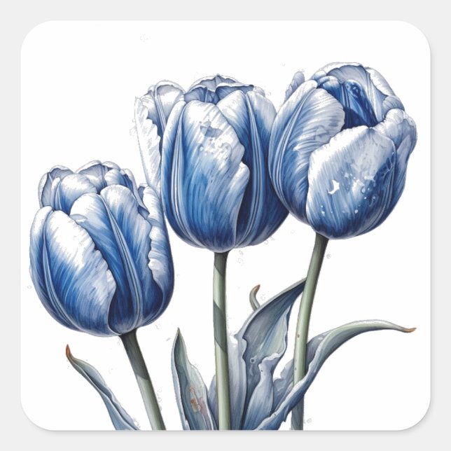 Sticker Carré Tulipes en bleu Delft (Devant)