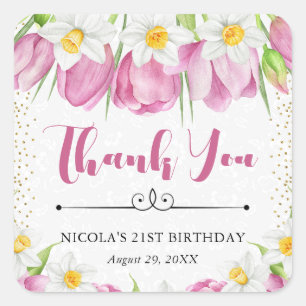 Sticker Carré Tulipes et jonquilles roses aquarelle pour anniver