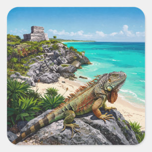 Sticker Carré Tulum Mexique Voyage Iguana