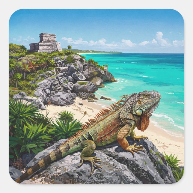 Sticker Carré Tulum Mexique Voyage Iguana (Devant)