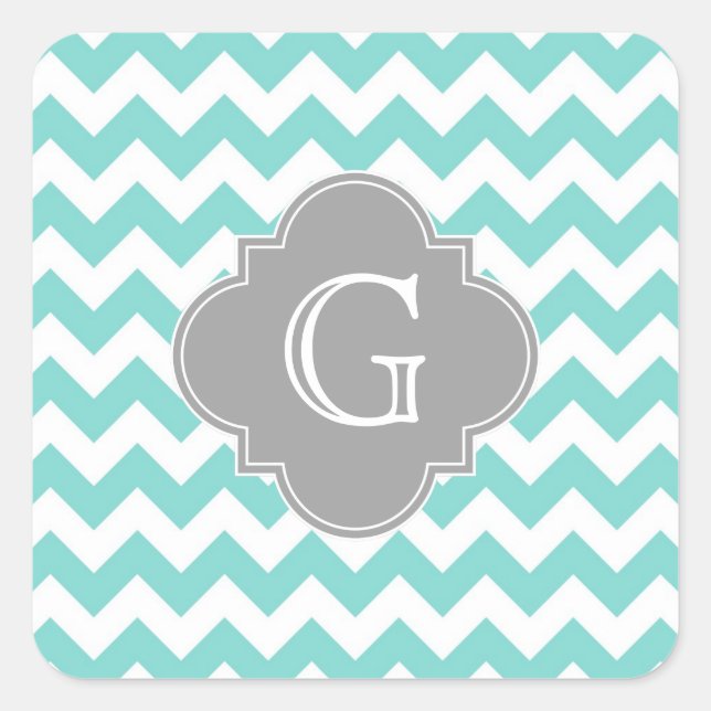 Sticker Carré Turq/Aqua White Chevron Gray Quatrefoil monogram (Devant)
