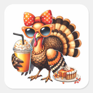 Sticker Carré Turquie Boire du café Bow Thanksgiving Turquie Day