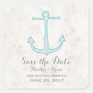 Sticker Carré Turquoise Ancre rustique Enregistrer la date