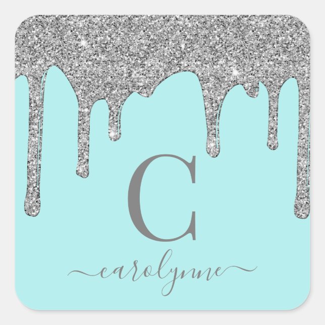 Sticker Carré Turquoise Aqua Silver Éperche Parties scintillant  (Devant)
