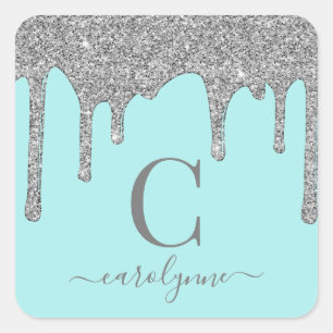 Sticker Carré Turquoise Aqua Silver Éperche Parties scintillant