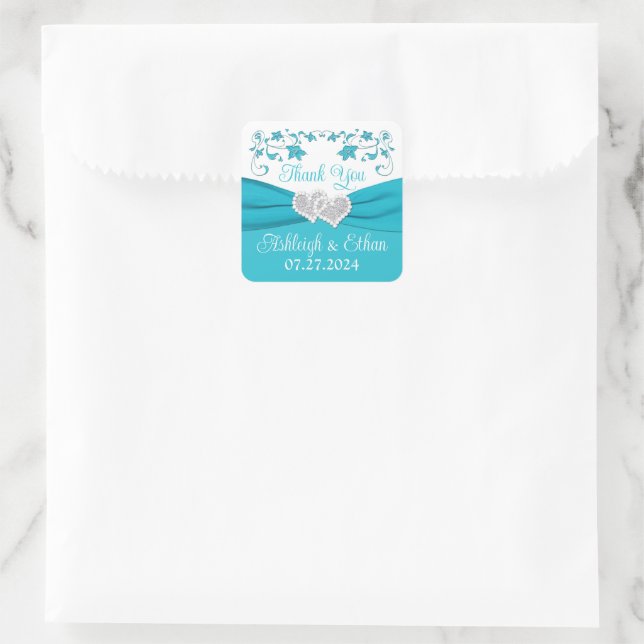 Sticker Carré Turquoise, Argent Coeurs Amour Mariage Faveur (Sac)