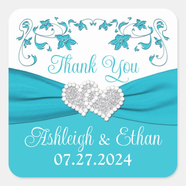Sticker Carré Turquoise, Argent Coeurs Amour Mariage Faveur (Devant)