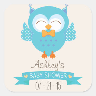 Sticker Carré Turquoise Bleu & Purple Boy Owl Baby shower