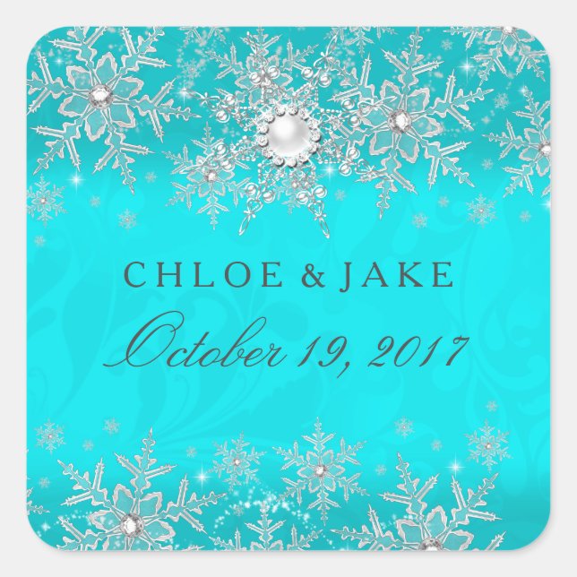 Sticker Carré Turquoise Crystal Pearl Snowflake Mariage en argen (Devant)