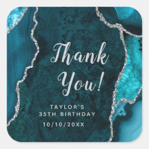 Sticker Carré Turquoise et Argent Agate Anniversaire Merci