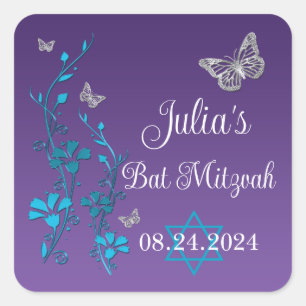Sticker Carré Turquoise, Fleurs Violettes, Papillons Bar Mitzvah