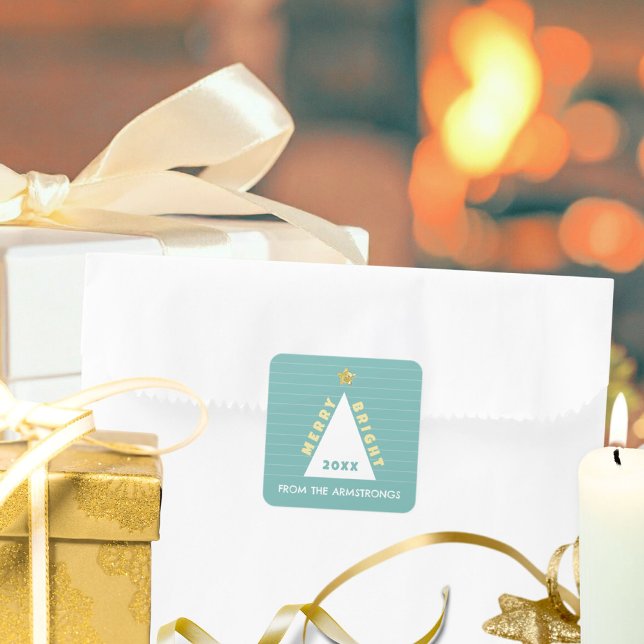 Sticker Carré Turquoise Minimalist Christmas Tree Name (Modern Minimalist Christmas Tree Square Sticker ©Susanne Sachers - Sunny Mind 🌞)