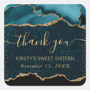 Sticker Carré Turquoise & Or Faux Paillettes Agate Marbre Sweet