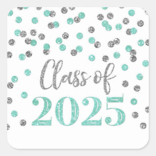 Sticker Carré Turquoise Silver Confetti Graduation 2025