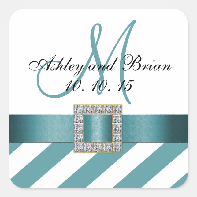 Sticker Carré Turquoise Stripes Mariage initial Favoriser Étique (Devant)