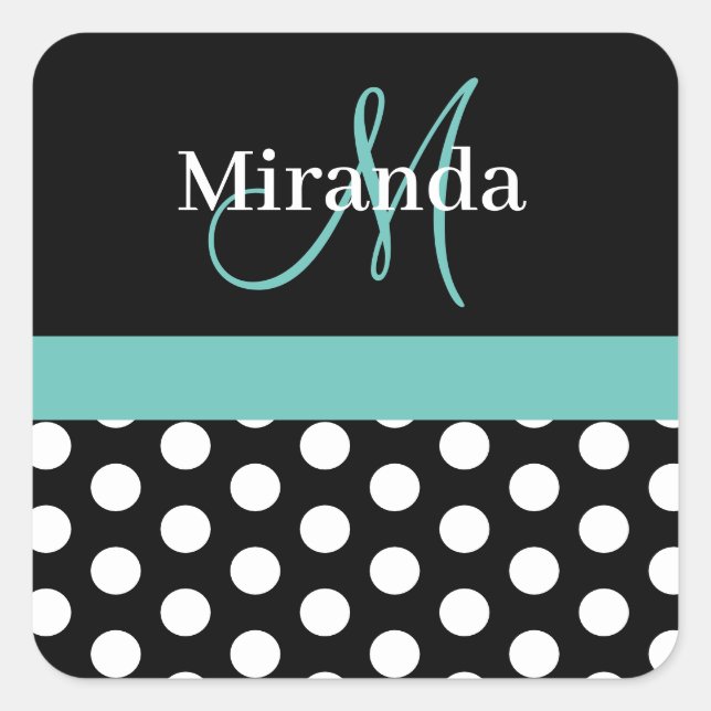 Sticker Carré Turquoise vert Monogramme noir blanc Polka point (Devant)