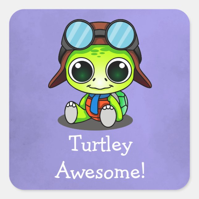 Sticker Carré Turtley Awesome ! Cute Chibi Cartoon Turtle (Devant)