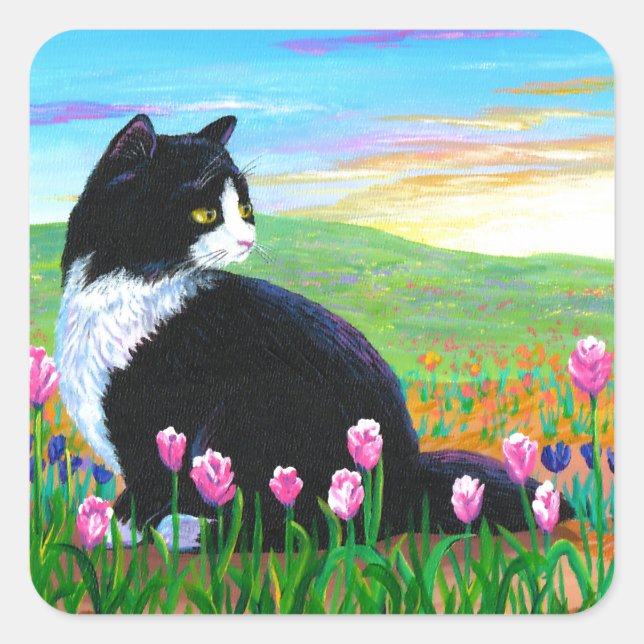 Sticker Carré Tuxedo Cat Tulips Créationarts (Devant)