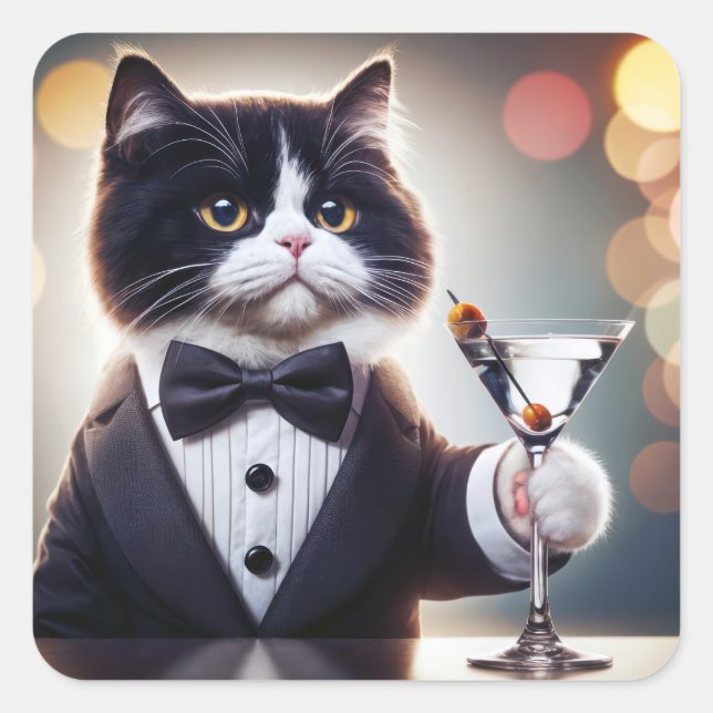 Sticker Carré Tuxedo Chat Avec Cocktail Martini (Devant)