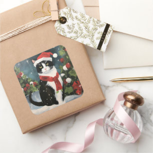 Sticker Carré Tuxedo Chat en Noël de neige