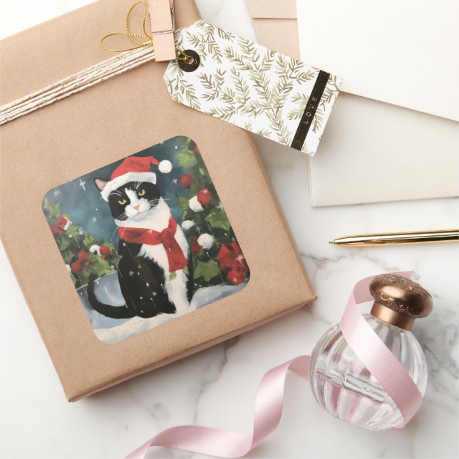 Sticker Carré Tuxedo Chat en Noël de neige (Cadeaux)