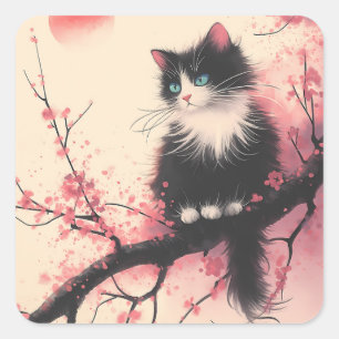 Sticker Carré Tuxedo Chat sur la fleur de cerise esthétique japo