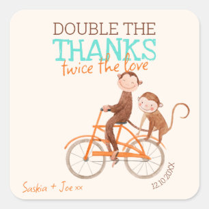 Sticker Carré Twins Baby shower mignon singe double problème