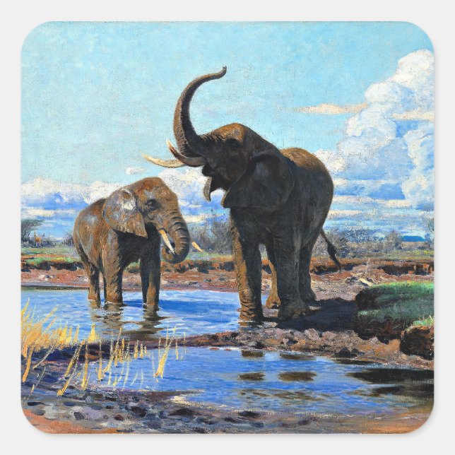 Sticker Carré Two African Elephants at Watering Hole (Devant)