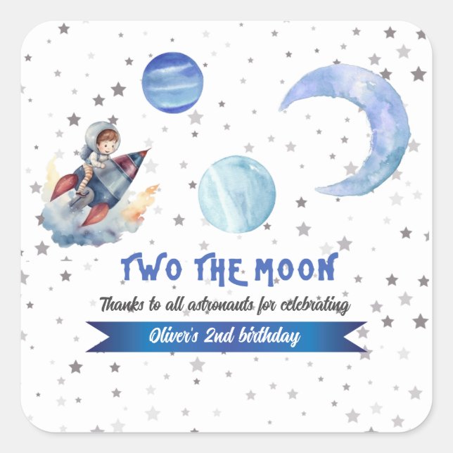 Sticker Carré Two The Moon Rocket Space Blue Boy 2nd Birthday  (Devant)