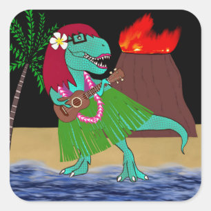 Sticker Carré Ukulélé hawaïenne de dinosaure