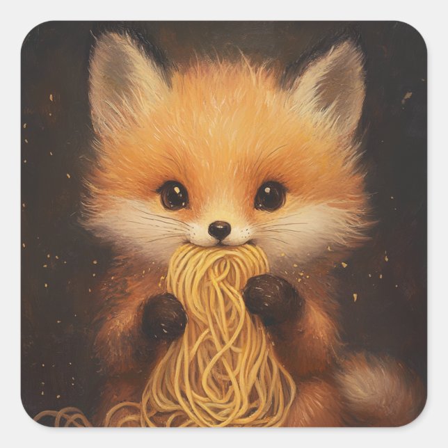 Sticker Carré Un adorable bébé renard rouge mangeant des spaghet (Devant)