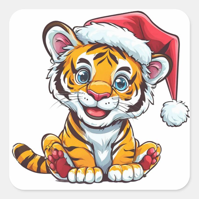 Sticker Carré Un adorable petit tigre en caricature portant un c (Devant)
