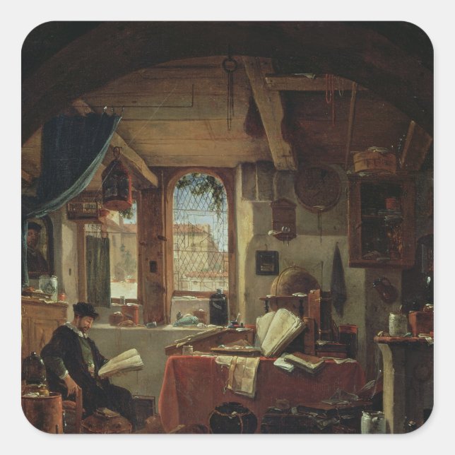 Sticker Carré Un alchimiste dans son laboratoire (Devant)