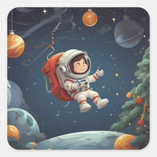 Sticker Carré Un astronaute flotte autour de l'arbre de Noël