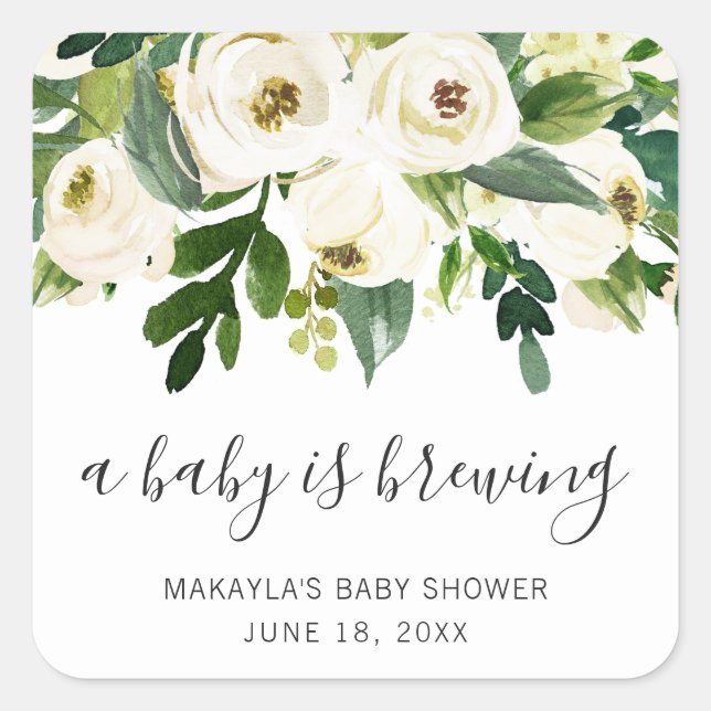 Sticker Carré Un Bébé Brasse Élégant Baby shower Floral Fille (Devant)