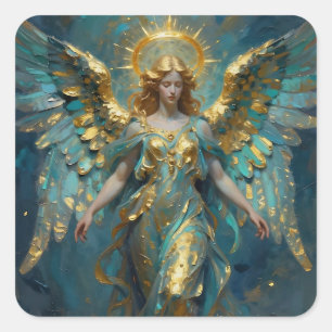Sticker Carré Un bel ange en or et turquoise