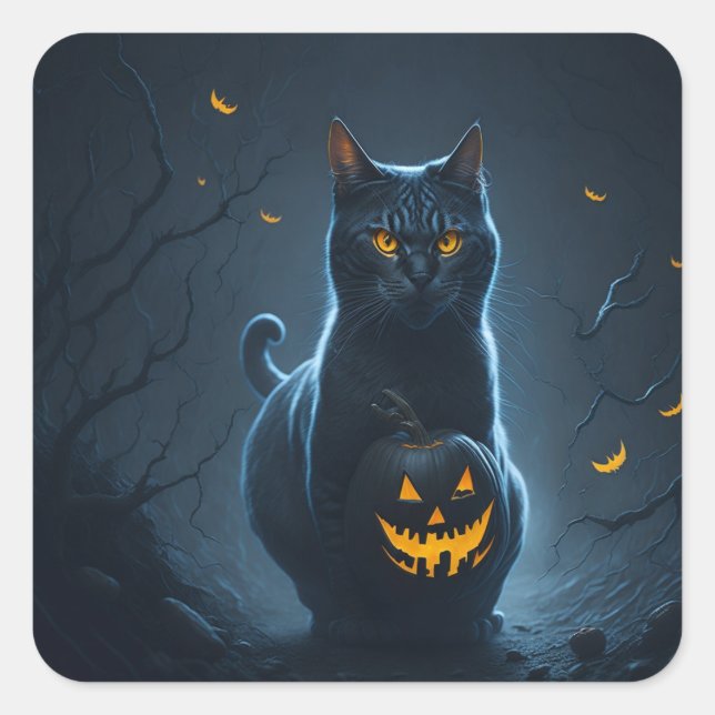Sticker Carré Un chat d'Halloween avec une chacolantern (Devant)
