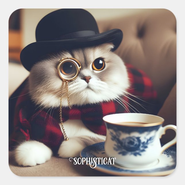 Sticker Carré Un chat portant un monocle (Devant)