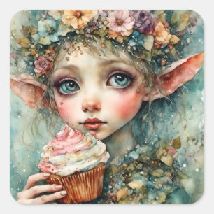 Sticker Carré Un elfe adorable avec un gâteau