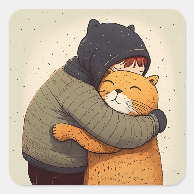 Sticker Carré Un enfant embrasse le mignon chat au gingembre. En (Devant)