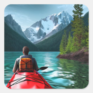 Sticker Carré Un homme à Red Kayak descendant le lac