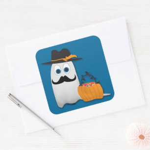 Sticker Carré Un joli fantôme d'Halloween avec moustache Cool