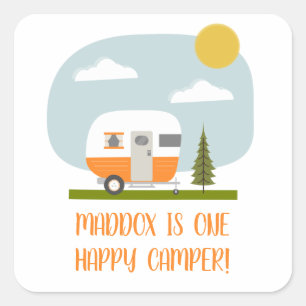 Sticker Carré Un Joyeux Camper Orange Trailer Anniversaire