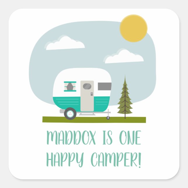 Sticker Carré Un Joyeux Camper Turquoise Trailer Anniversaire Na (Devant)