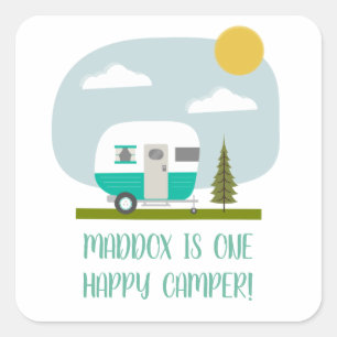 Sticker Carré Un Joyeux Camper Turquoise Trailer Anniversaire Na