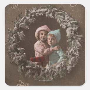 Sticker Carré Un joyeux NoëlLes petits enfants qui s'accrochent