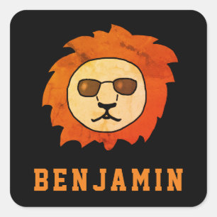 Sticker Carré Un lion Cool avec le nom Noir